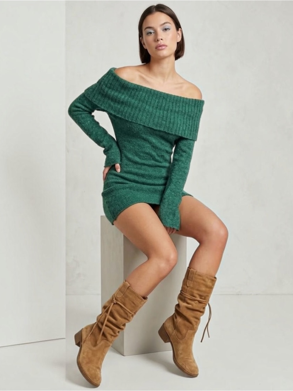 ONLY SKY Off The Shoulder Foldover Cowl Sweater/ Dress In Forest Green Sz. M